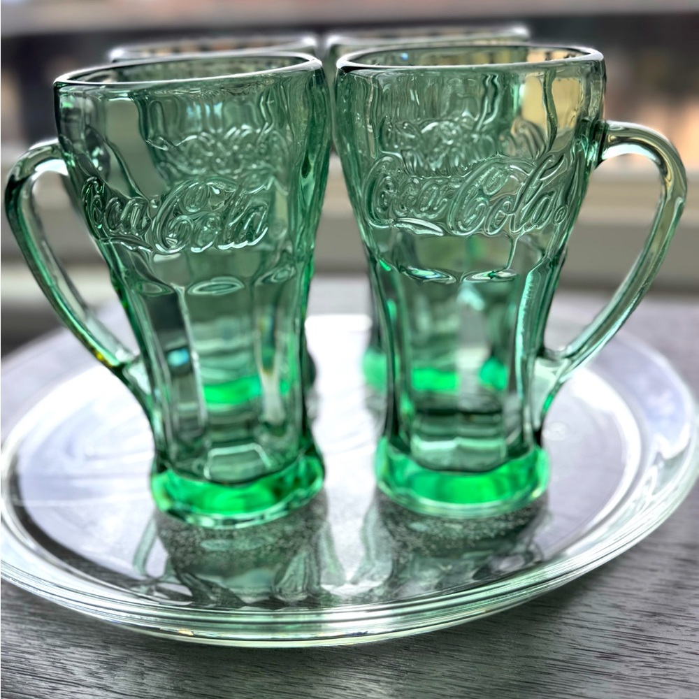 SOLD Vintage Green Libby Coca-Cola Mugs (4) and Glass Serving Tray